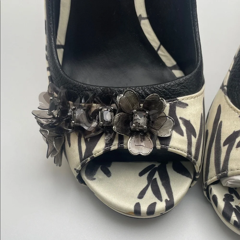 Tory Burch Clancy Black Open Toe Pump satin crystal embellished
